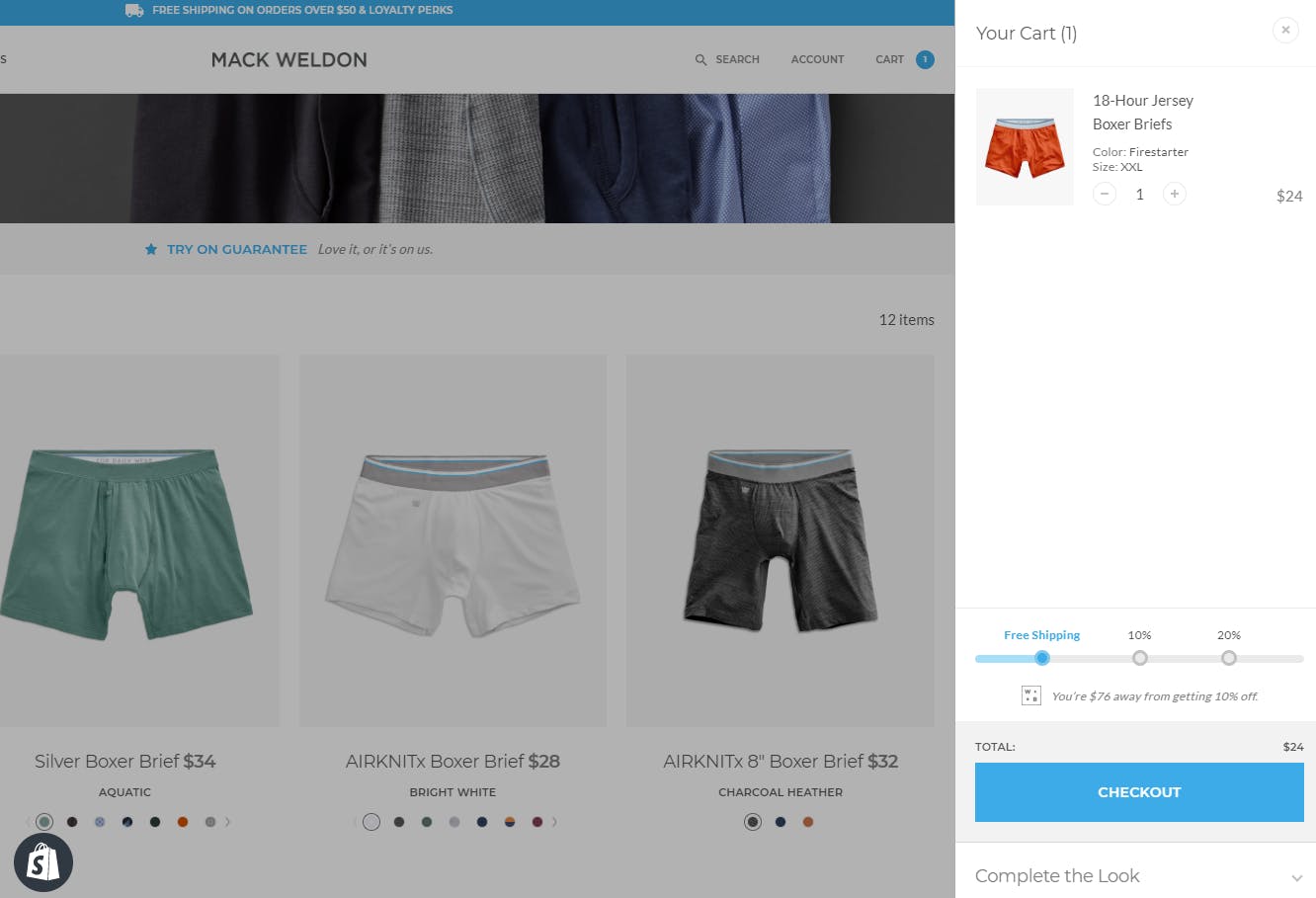 Screenshot of Mack Weldon "Your Cart" window