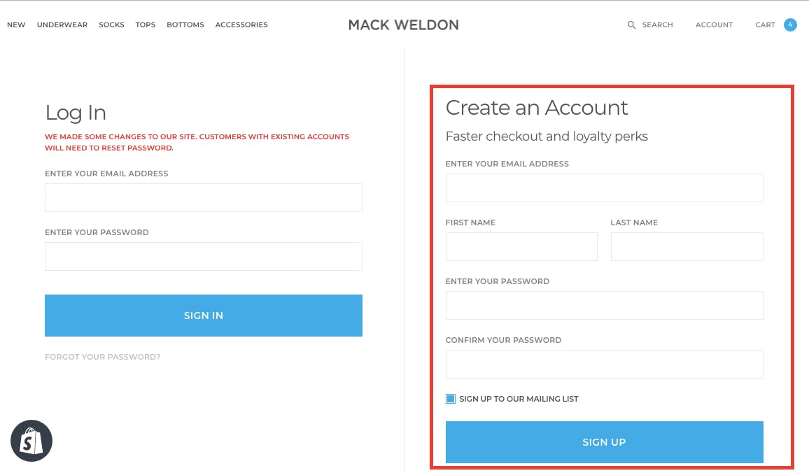 Screenshot of the Mack Weldon Login page, highlighting the "Create an Account" section in red