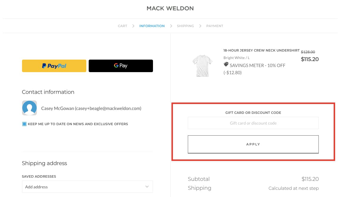 Screenshot of Mack Weldon checkout page, outlining "Giftcard or Discount Code" with a red box