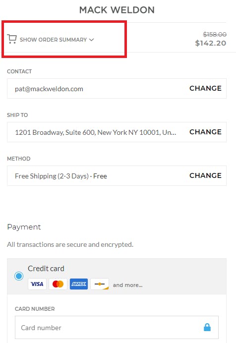 Screenshot of Mack Weldon checkout window, outlining "Show Order Summary" with a red box
